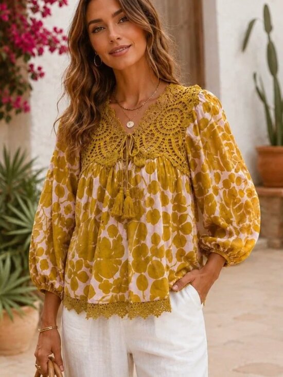 Sundance Tops - Sundance Boho Lace Crochet Tropical Monstera Leaf Peasant Blouse Top Sz XL